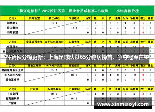 杯赛积分榜更新：上海足球队以65分稳居榜首，争夺冠军在望