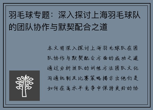 羽毛球专题：深入探讨上海羽毛球队的团队协作与默契配合之道